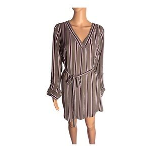 Women Striped V-Neck shirtDress belted waist corp core stylish long sleeve